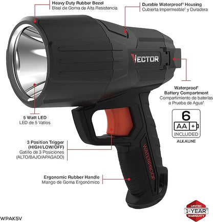 VECTOR LED Flashlight Spotlight, WPAK5V, Waterproof, 800 Lumens, Long Distance Light Beam, 6 AA Batteries Included