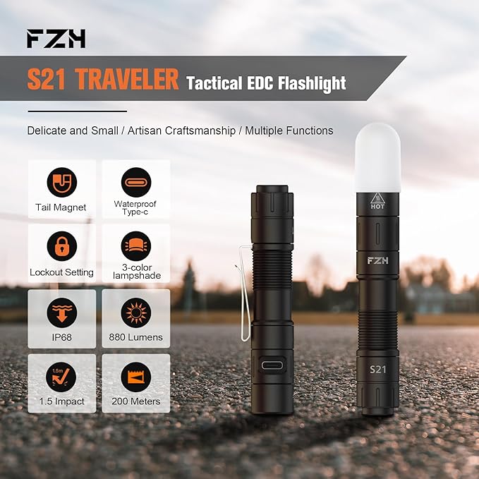FZH S21 Rechargeable LED Flashlight 880 Lumen Mini EDC Tail Switch Flashlight (Powered by USB Rechargeable Battery), Slim Pocket Flash Light with On/Off Locking Mode for Camping, Outdoor, Emergency