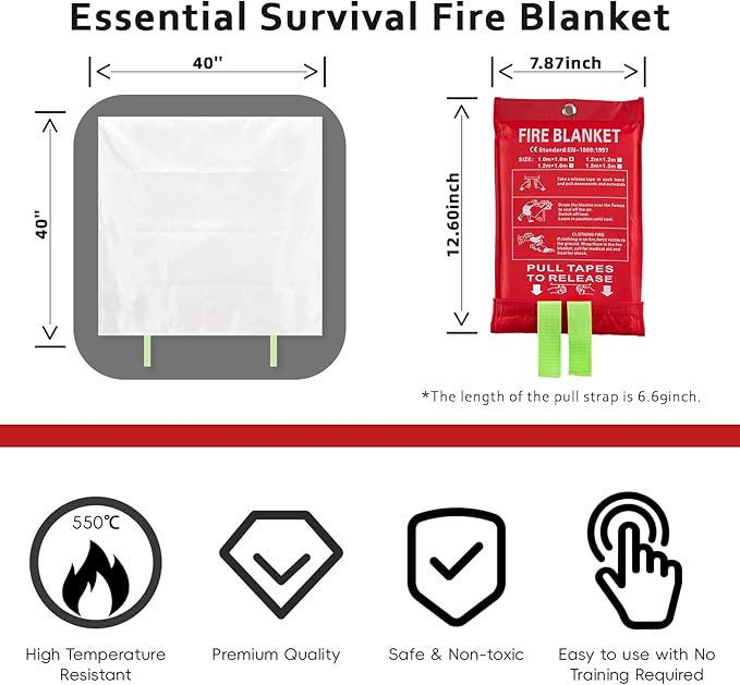 Emergency Fire Blanket for Home and Kitchen, Fire Extinguishers for Home, Fiberglass Fire Suppression Blanket with Luminous Strip for Fireplace, Car, Camping, Picnic, Grill (2, 40''x40'')
