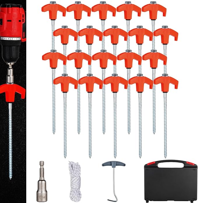20PCS Camping Tent Stakes Heavy Duty,8 Inch Screw in Tent Stakes Heavy Duty,Nightglow Metal Tent Stakes,with Hex Head Driver,Nail Lifter,Ropes,Orange