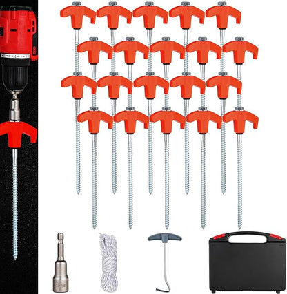 20PCS Camping Tent Stakes Heavy Duty,8 Inch Screw in Tent Stakes Heavy Duty,Nightglow Metal Tent Stakes,with Hex Head Driver,Nail Lifter,Ropes,Orange