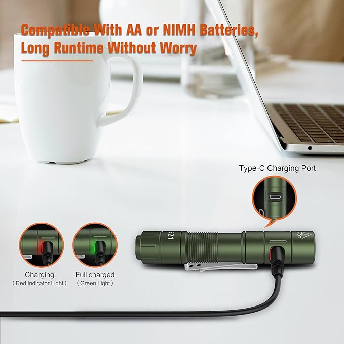 S21 AA Rechargeable Pocket Flashlight,880 High Lumen Mini Flashlight,Portable EDC Flashlight,for Everyday Use and Emergency Situations（Green）