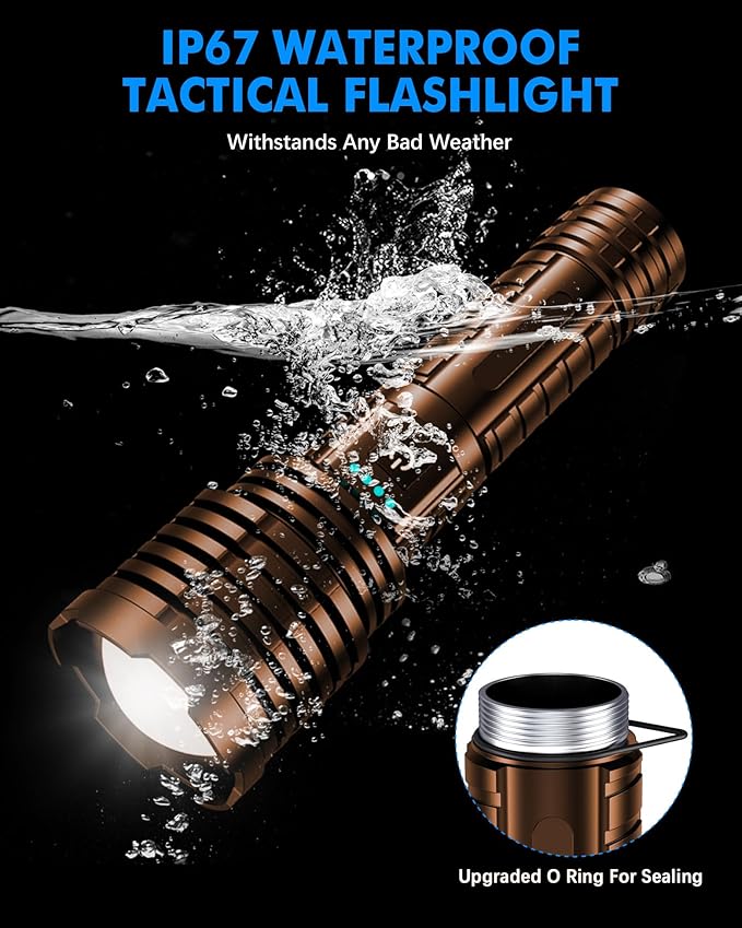 Super Bright Rechargeable LED Flashlights, True 2500000 High Lumens, Powerful Tactical Flashlight Up to 25H Long Battery Life |Zoomable|5Light Modes|IP67 Water Resistant for Camping (Brown)