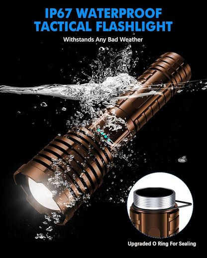 Super Bright Rechargeable LED Flashlights, True 2500000 High Lumens, Powerful Tactical Flashlight Up to 25H Long Battery Life |Zoomable|5Light Modes|IP67 Water Resistant for Camping (Brown)
