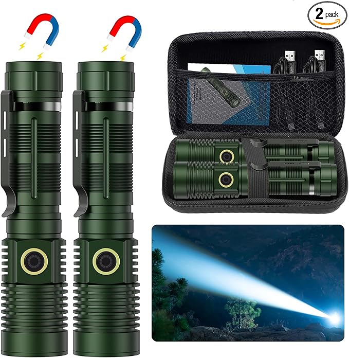 Small Tactical Flashlights 20000 High Lumens - 1500 Meters Long Beam Super Bright LED Magnetic Flashlight USB Rechargeable Zoomable 5Modes Long Beam Spotlight Flashlight for Hiking, Camping-dark Green