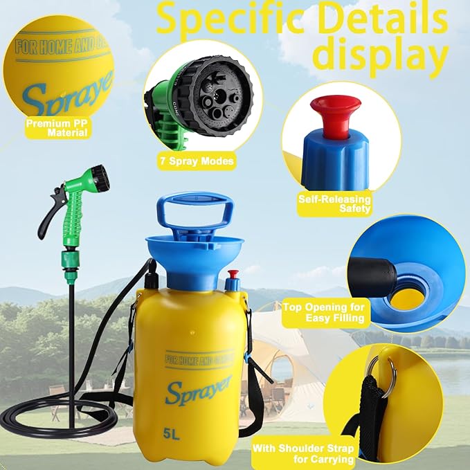 Finderomend Portable Shower for Camping with 7 Spray Modes, 1.3 Gallon Hand Press Camping Shower with Removable Hose and Shower Head,5L