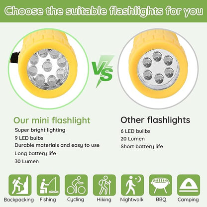 10Pack Mini Flashlights Set, 9-LED Small Flashlight for Kids, 5 Colors, with Lanyard and 30 AAA Batteries Included, Perfect for Night Reading Party Camping Hunting Emergency