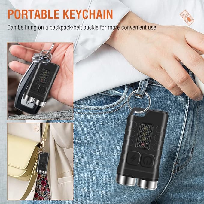 Mini Flashlight Keychain EDC Flashlight Rechargeable Magnet LED Bright 900LM Red UV Blue Light,IP65 Waterproof and 12 Light Modes Pocket Flashlight for Adventure Camping Black