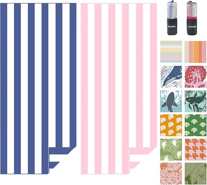 Eunzel 2 Pack Microfiber Beach Towel, Quick Dry Travel Towel Large Sand Free Towel for Beach, Camping, Swim Pool, Gym, Sports& Yoga 71"x32", Stripe Navy & Pink