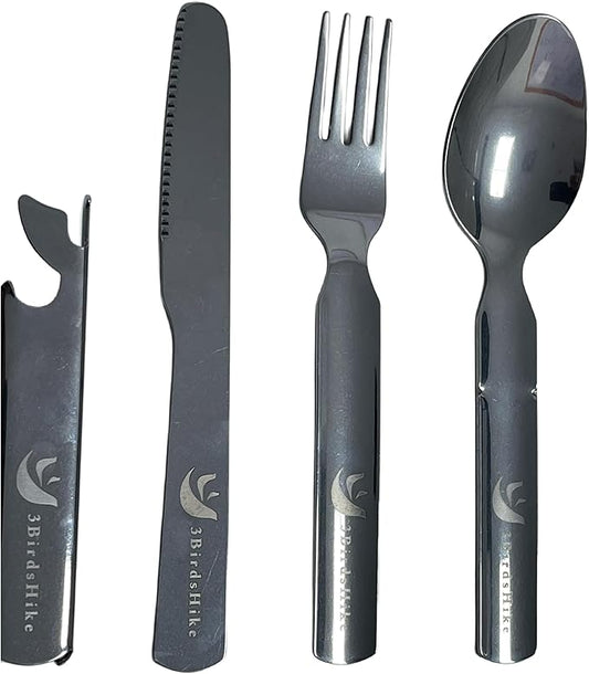 Camping Outdoor Flatware Set with Military-Grade Spoon, Fork, Knife,Bottle can opener & Multi-Tool - Stainless Steel Utensil Kit for Camping, Hiking, and Travel