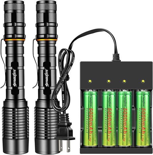 2 Pack 5 Modes LED Rechargeable 5000 High lumens Flashlights, Super Bright Zoomable Flashlight Waterproof for Kids Camping，emergencies