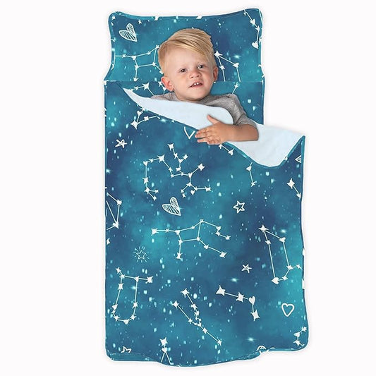 JumpOff Jo - Toddler Nap Mat - Sleeping Bag for Kids with Removable Pillow and Ultra Soft Blanket for Preschool, Daycare, and Sleepovers - Night Sky