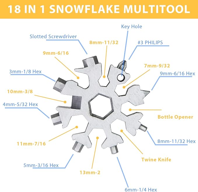 6 Packs Snowflake Multi Tool,18 in 1 Snowflake Multitool,Snowflake Wrench/Bottle Opener/Screwdriver Kit, Stainless Steel Portable Star Tool for Christmas Great Gifts