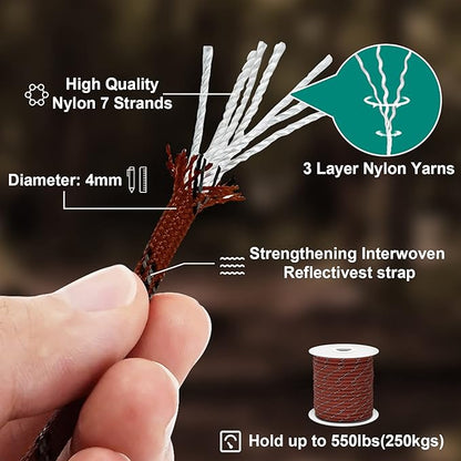 Reflective 550 Paracord/Parachute Cord 4mm Tent Rope 7 Strands 65 Feet Reflect Nylon Pull Guy Lines Spool Wind Proof for Camping Outdoor Hiking Lanyard Bracelets Emergency