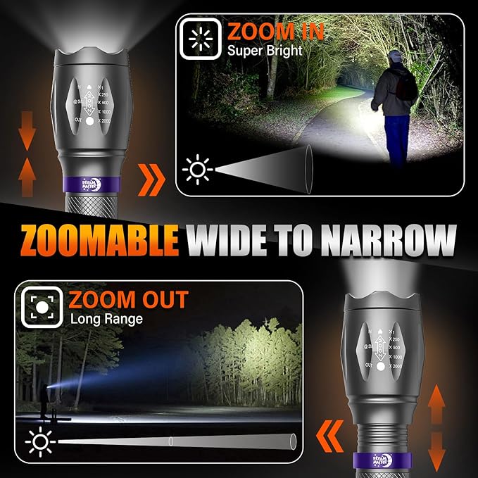 2 Pack LED Flashlights High Lumens with 6 AAA Batteries, 5 Modes Mini Waterproof Tactical Flashlight for Camping Hiking, Bright Flashlight with Zoomable, Fathers Day Dad Gifts for Him, Grey & Purple