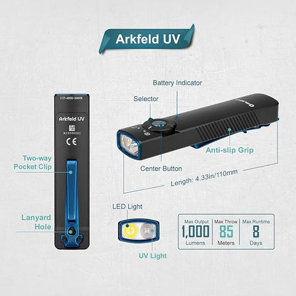 OLIGHT Arkfeld UV 365nm Black Light Flashlight, 1000 Lumens, Rechargeable, Portable, Battery Powered, Detection of Pet Urine, Stains, Fluorescent Agents, Banknotes