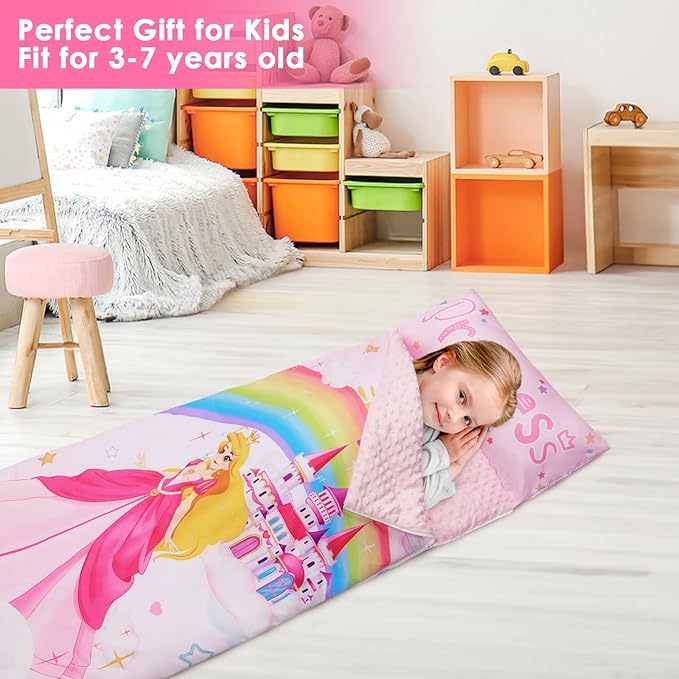 Kids Sleeping Bag Toddler Nap Mat with Removable Pillow, Large Foldable Sleeping Bag for Girls Boys, Easy Clean Slumber Bag with Double Zip for Camping School Preschool Daycare, 59×24 inch