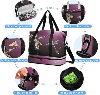 Weekender Bag for Women, Dragonfly Purple Gym Sports Duffle Travel Tote With Toiletry and Swim Bag