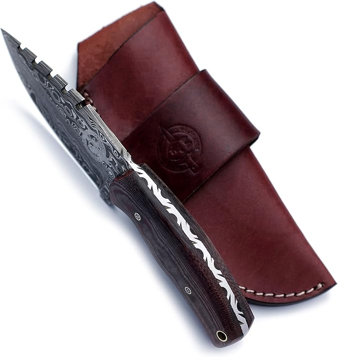 Handmade Damascus Steel Knife for Hunting,Survival,Camping,Bushcraft,and Fishing-Fixed Blade Drop Point with Saw back Full Tang Micarta Handle with Cowhide-Leather Sheath - WKD-773