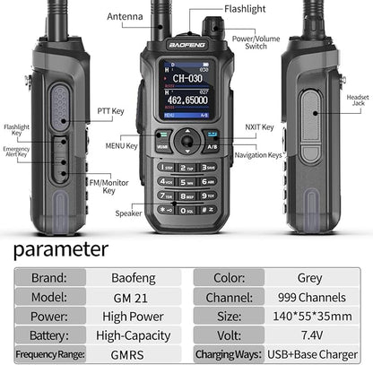 BAOFENG GMRS Radio GM21 GMRS Handheld Radio Long Range Walkie Talkies for UV-5R GMRS Rechargeable Two Way Radio with Battery NOAA Weather Receiver,999 Channels,Copy Frequency and USB-C Charger