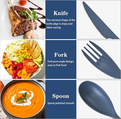 Large Reusable Utensil Set with Case, 2 Sets Portable Plastic Spoons Fork Knife Camping Utensils for Lunch Box Accessories for Kids Adults Travel Picnic Camping Daily Use(Blue, Black)