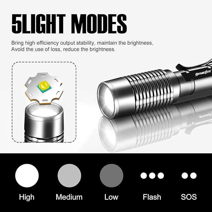 Led Flashlight 1 Pack Super Bright Flashlights Rechargeable High Lumens Torch 5 Modes Zoomable Waterproof for Camping Kids Adults Outdoor Hiking Emergency (Brown)