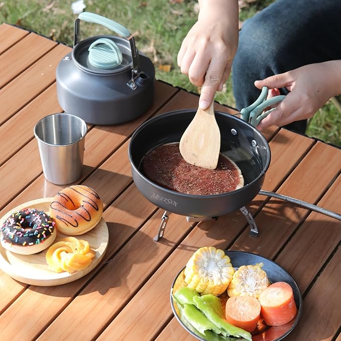 Camping Cookware Set with Silicone Handle, Camping Cooking Set for 2-3 Person,Camp Cooking Set with 1.5L Pot,Camping Pot Pan Set with Kettle and Folding Tableware for Camping Hiking Picnic