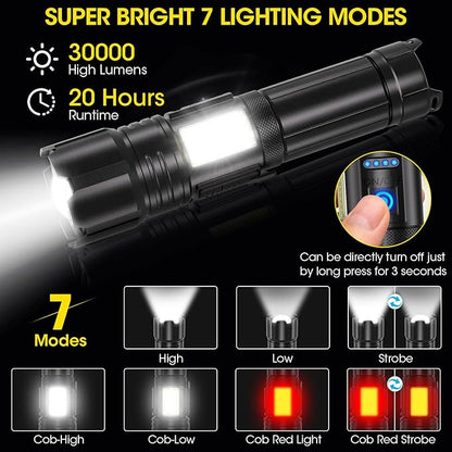 Flashlight High Lumens, Rechargeable Super Bright 30000 Lumen LED Tactical Flashlights 1800M Long Throw Spotlight with Cob Side Light,Zoomable, Waterproof Flashlight for Home Emergency Camping Search