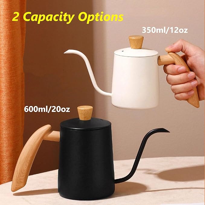 Pour Over Coffee Kettle Gooseneck Tea Pot 304 Stainless Steel Hand Coffee Maker Kettle-Barista Pour Control Design,Wood Handle and Long Narrow Spout Camping Kettle(Color: white,Size:20oz)