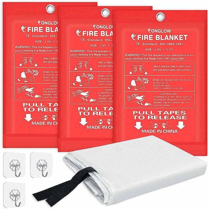Emergency Fire Blanket, 3Pack Fire Blanket for Home and Kitchen, Fiberglass Fire Extinguisher Blanket, Suppression Flame Retardant Blanket Fire Safety Blanket for Fireplace (3 Pack)