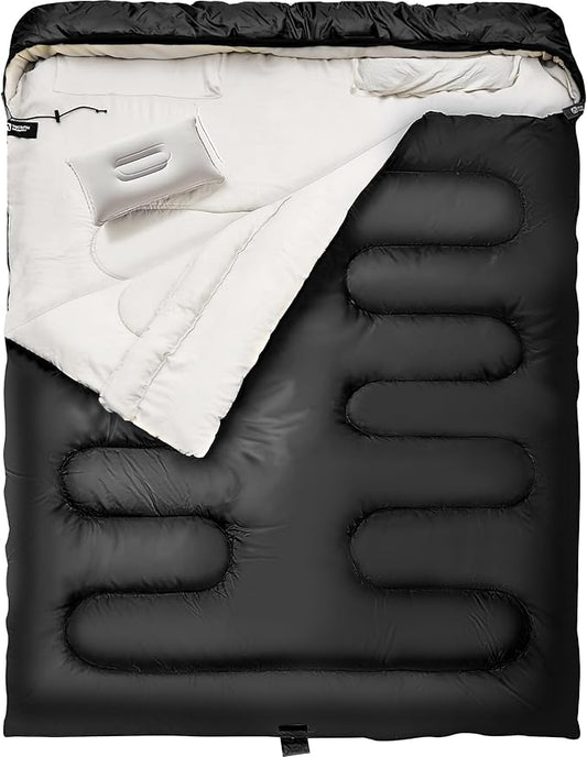 Double Sleeping Bag with Pillow for Adults - Queen Size Two Person Sleeping Bag - 3 Season Cold Weather Camping Sleeping Bag