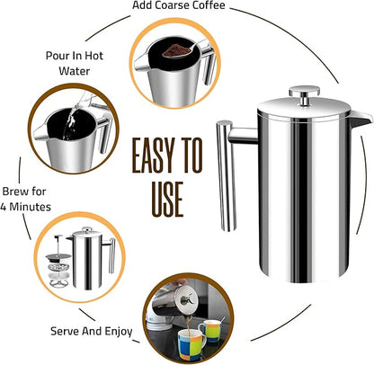Utopia Kitchen Stainless Steel French Press Coffee Maker 12 Oz, French Press Tea Maker, Cold Brew Portable Travel Coffee Presses, Tea Press Gifts Silver