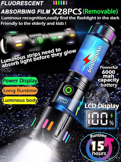 LED Flashlight, Rechargeable Flashlights High Lumens Bright 990000 Lumen, 5 Mode Tactical Flash Light Powerful IPX7 Waterproof Zoomable Focus for Emergency Camping Essential Hiking Gear Fishing Home