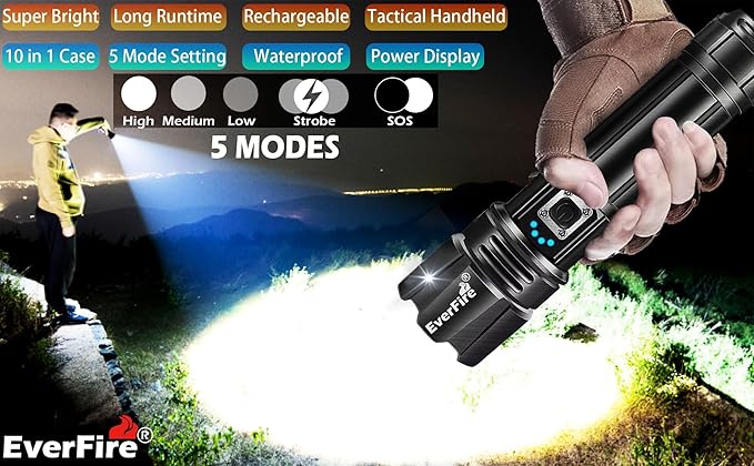 Rechargeable Flashlight, LED Flashlights High Lumens, 990000 Lumen Super Bright Flash Light Tactical 5 Modes Brightest, 15H Runtime Waterproof Zoomable for Emergency Camping Essential Hiking Gear Home