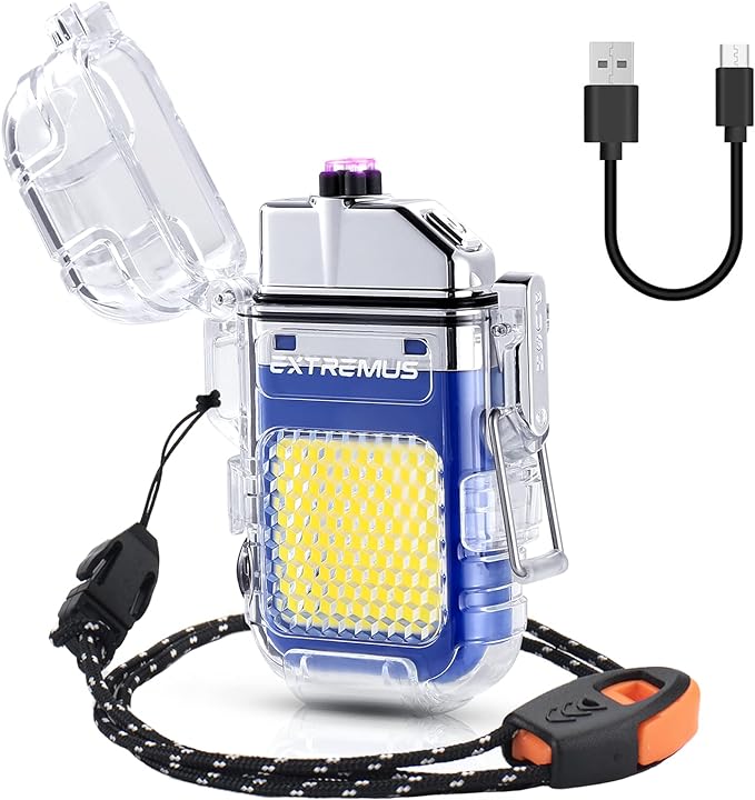 Extremus Blaze 360 Rechargeable Electric Lighters, Dual Arc Lighter, Windproof Plasma Lighter, Waterproof Lighter, Flameless Lighter with Whistle Lanyard for Camping (Blue Flash)