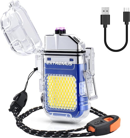 Extremus Blaze 360 Rechargeable Electric Lighters, Dual Arc Lighter, Windproof Plasma Lighter, Waterproof Lighter, Flameless Lighter with Whistle Lanyard for Camping (Blue Flash)