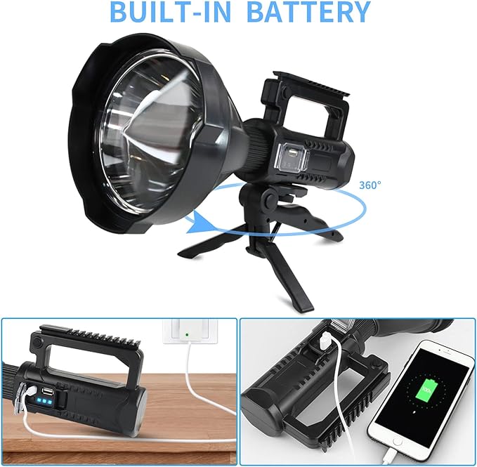 Foleto Rechargeable LED Spotlight Flashlights 120000 High Lumens, Super Bright Flashlight with 4 Modes IPX5 Waterproof, Large Searchlight for Fishing, Hiking and Camping with Tripod