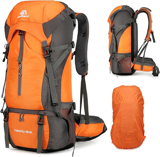 ShowyLive 70L Backpack - Waterproof Hiking Backpack for Men and Women - Lightweight Camping and Backpacking Backpack with Rain Cover and Comfort Design, Orang