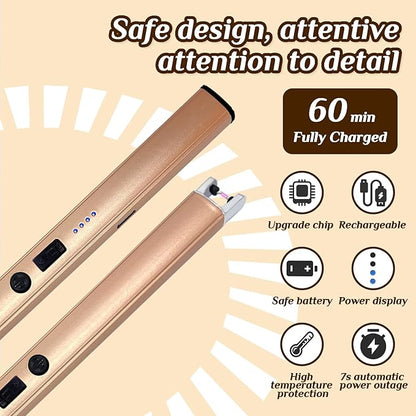 2 PCS Candle Lighter,Windproof Flameless Electric Lighter with LED Power Display ＆ Safety Switch, Upgraded Plasma USB Rechargeable Lighter for Birthday Camping BBQ (Champagne Gold)
