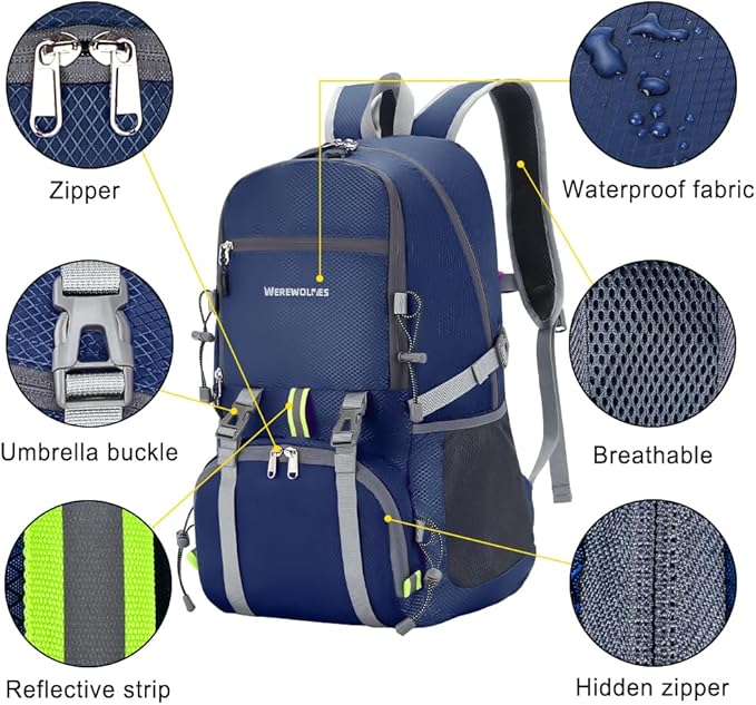 WEREWOLVES 20/35L Lightweight Hiking Backpack, Ultralight Water Resistant Packable Daypack for Women Men