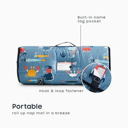 Wake In Cloud - Toddler Nap Mat with Pillow and Blanket, 100% Cotton Fabric, for Kids Boys Girls in Daycare Kindergarten Preschool, Roll Up Sleeping Bag, Blue Sea World, Standard