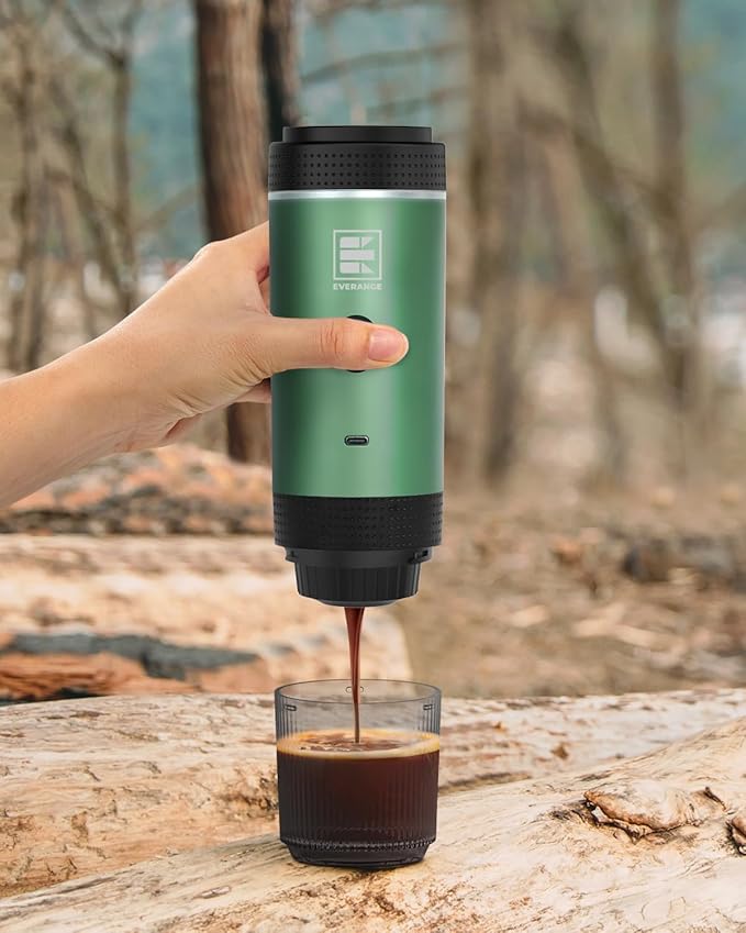 Portable Electric Espresso Machine, Travel Coffee Maker for Camping, Car, RV & Hiking, Self-Heating with Type-C, Compatible with Ground Coffee & NS Capsules, Green