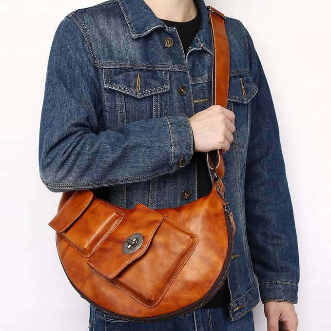 KPYWZER Genuine Leather Sling Bag for Men Women Crossbody Purse Chest Bag Shoulder Backpack Motorcycle Pack Satchel Casual Hiking Travel Daypack