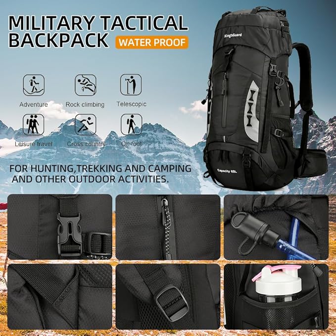 60L Hiking Backpack Lightweight Camping Backpack with Rain Cover Large Waterproof Packable Outdoor Trekking Travel Backpack for Men Women (Black)