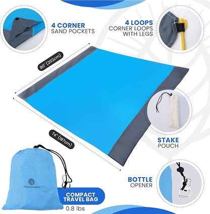Lightweight Beach Blanket - Oversized 107" x 77" - Waterproof Sandproof - Double Anchored for Fun Leisure Beach Blanket - with Stake and Pouch - Durable Sand Beach Mat