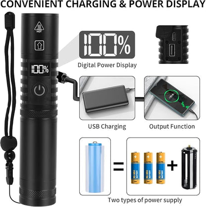 Semlos 1500 Lumens Zoomable Flashlights, High Power LED Torch Lights with 3 Modes, Portable Outdoor Camping Lights with Screen Display, 2 Packs