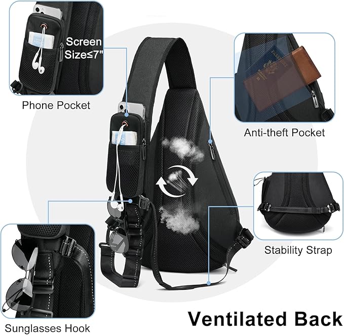 TUDEQU Sling backpack, 8 Pockets Sling Bag Crossbody, 19L Large Sling Bag for Men Travel Crossbody Backpack Hiking Outdoor