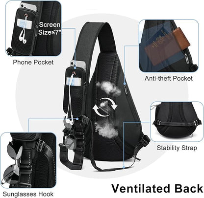 TUDEQU Sling backpack, 8 Pockets Sling Bag Crossbody, 19L Large Sling Bag for Men Travel Crossbody Backpack Hiking Outdoor