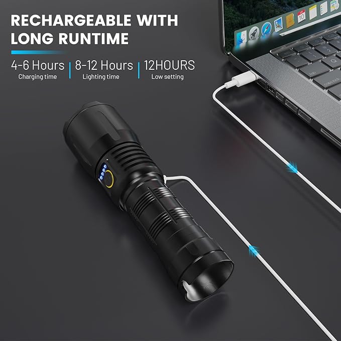Flashlights High Lumens Rechargeable - 900,000 Lumen High Power Flashlight, 5 Modes with Long Runtime, IPX6 Waterproof, High Powered Flash Light for Camping, Outdoors