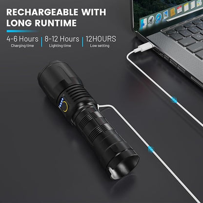 Flashlights High Lumens Rechargeable - 900,000 Lumen High Power Flashlight, 5 Modes with Long Runtime, IPX6 Waterproof, High Powered Flash Light for Camping, Outdoors